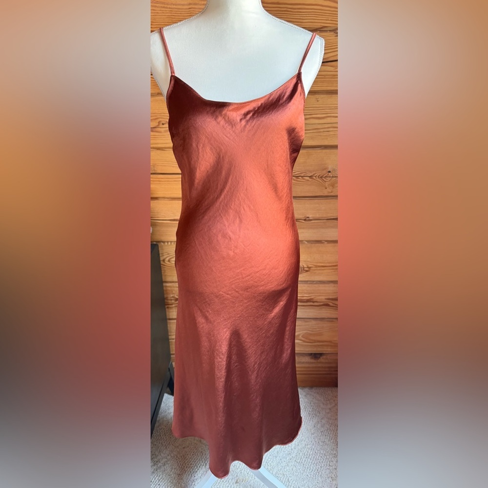 Mimi & Dottie Sleek Satin Midi Slip Dress in Rust size Medium w spaghetti strap
